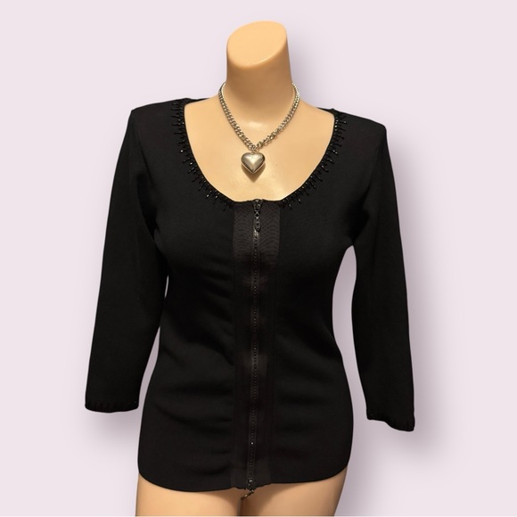 Vintage Cache Y2K Black Silk Beaded Knit Blouse with Zip-Up Detail - Picture 6 of 15